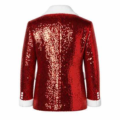 Back view of a red sequin Santa-inspired blazer featuring reflective sequins, a white faux-fur collar and sleeve buttons.