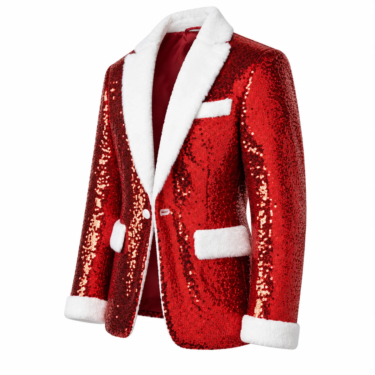 Three-quarter view of a red sparkling Christmas blazer with plush white lapels, trimmed pockets and tailored jacket shape.