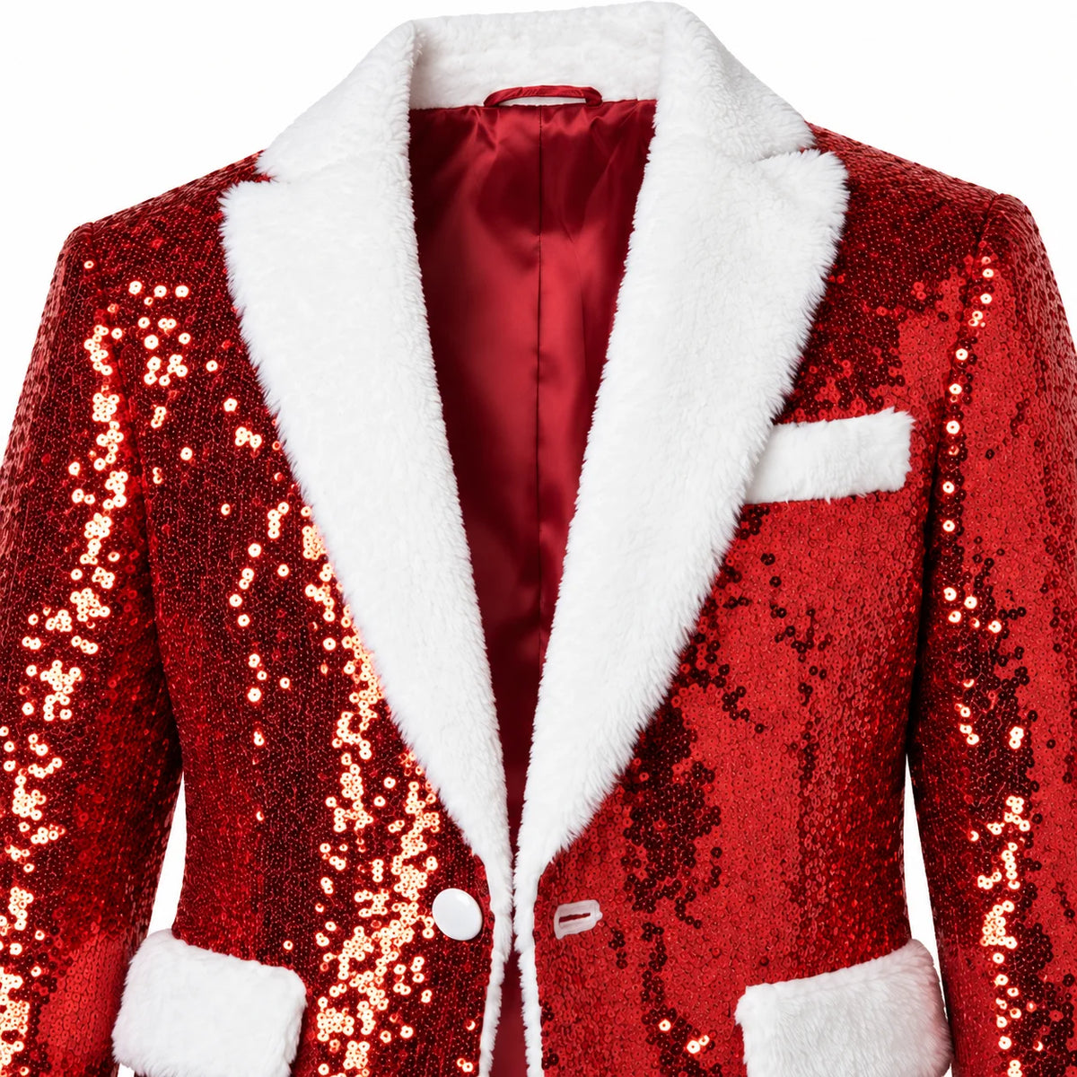 Close-up of the red sequin Christmas blazer showing white faux-fur lapels, red lining, front button and chest pocket trim.