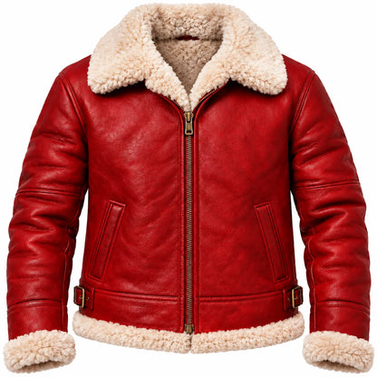 Front studio view of men's red sheepskin B3 bomber jacket with cream faux-fur collar, gold-tone zipper and waist buckles.