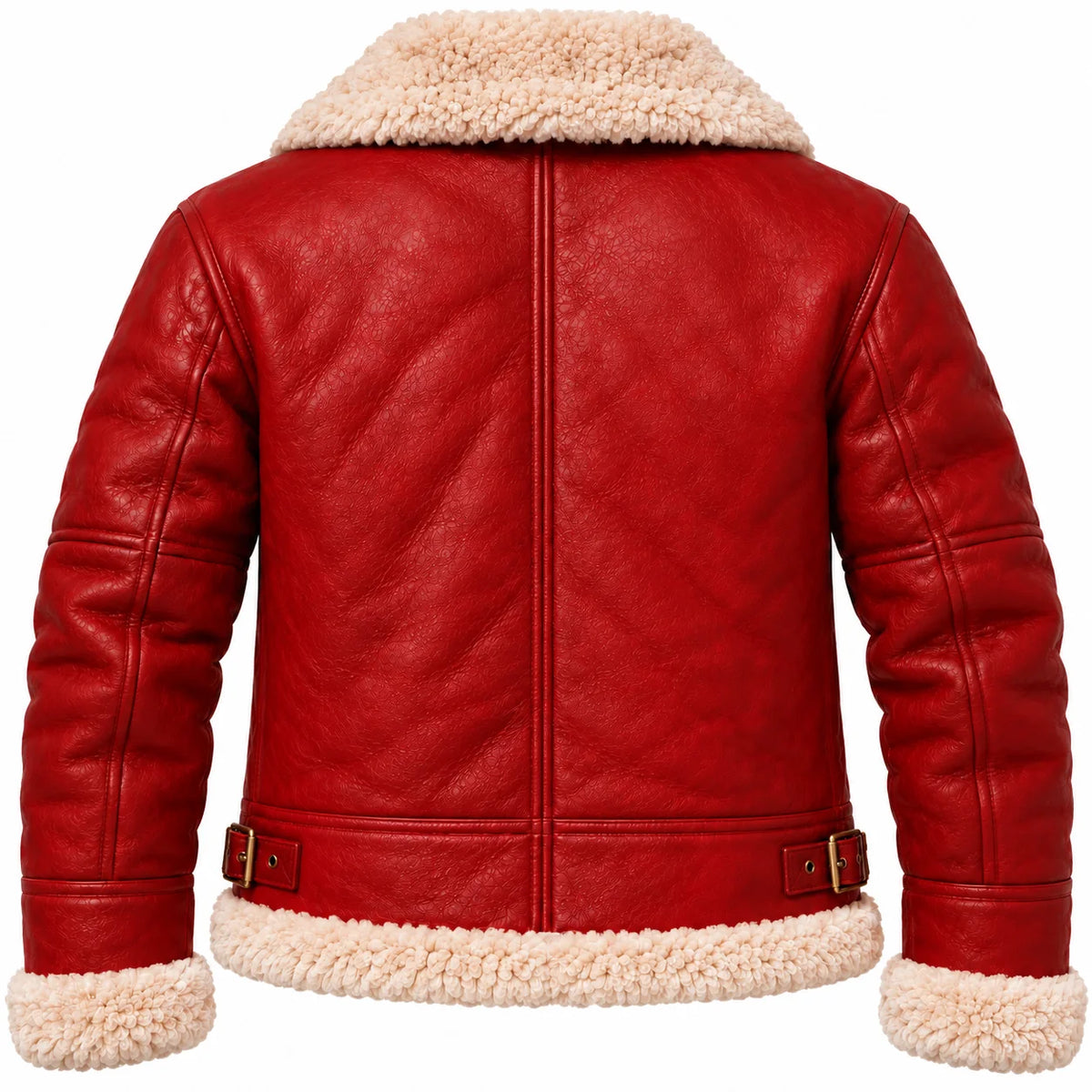Rear view of red leather B3-style aviator jacket showing the centre back seam, cream faux-fur hem and adjustable side buckles.
