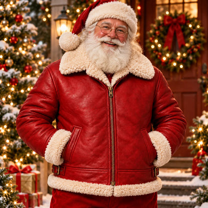 Santa-styled model wearing a red B3 leather bomber jacket with cream faux-fur trim outside a festively decorated home.