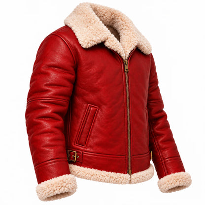 Three-quarter view of men's red leather aviator bomber with textured sleeves, angled front pockets and cream faux-fur trim.