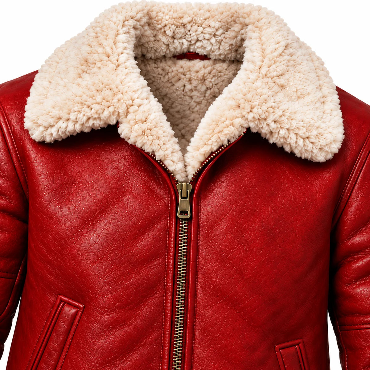 Close-up of oversized cream faux-fur collar and textured red sheepskin leather, with gold-tone centre zipper detail.
