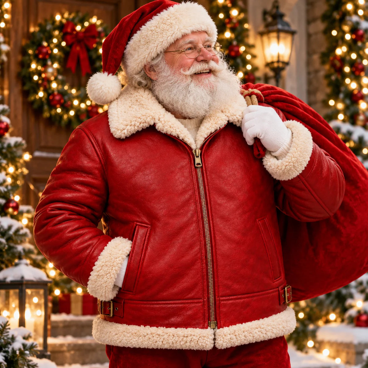 Three-quarter lifestyle view of Santa-styled model wearing red leather aviator jacket and carrying a red gift sack at Christmas.