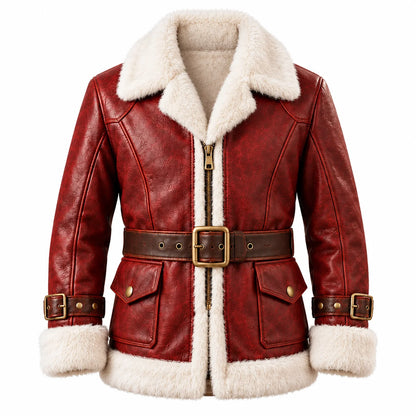 Front view of a red sheepskin leather Santa jacket with cream faux-fur collar, front zip, brown waist belt and flap pockets.