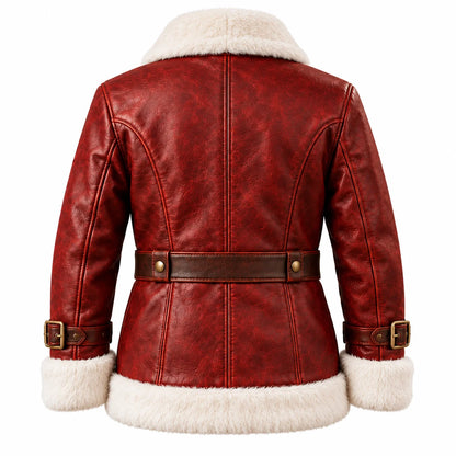 Back view of a red textured leather Santa coat with cream faux-fur collar and hem, brown waist belt and buckled cuffs.