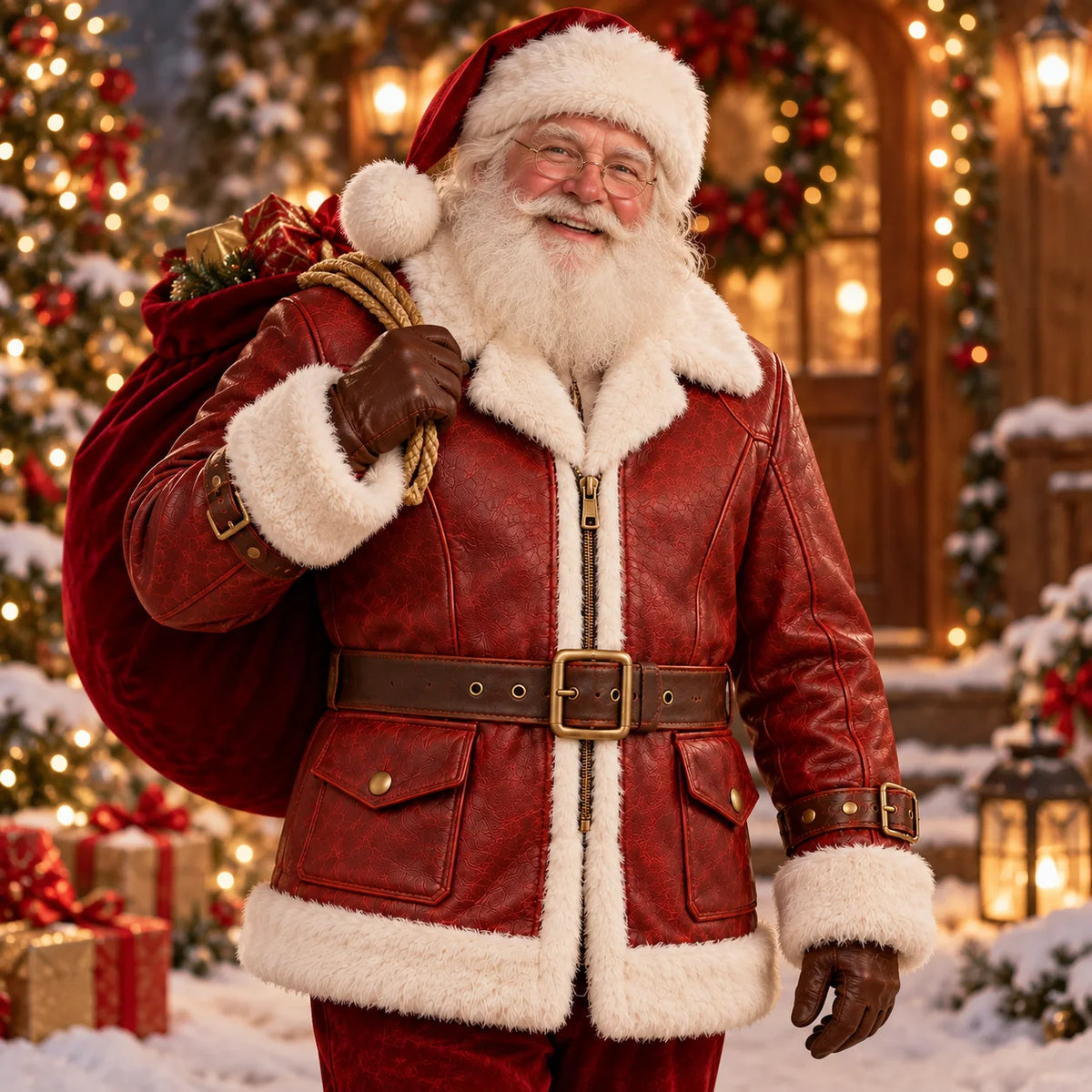 Santa-styled model wearing red leather Christmas jacket with faux-fur trim and brown belt, carrying a sack outdoors.