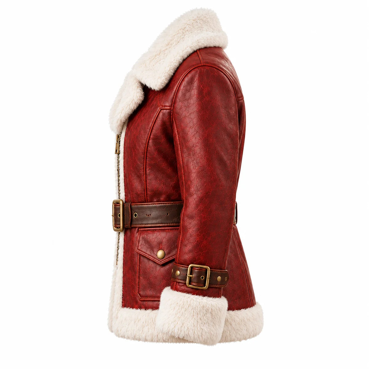 Side profile of a red leather Christmas jacket showing the faux-fur trim, adjustable cuff strap and buckled brown belt.