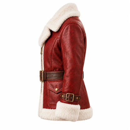 Side profile of a red leather Christmas jacket showing the faux-fur trim, adjustable cuff strap and buckled brown belt.