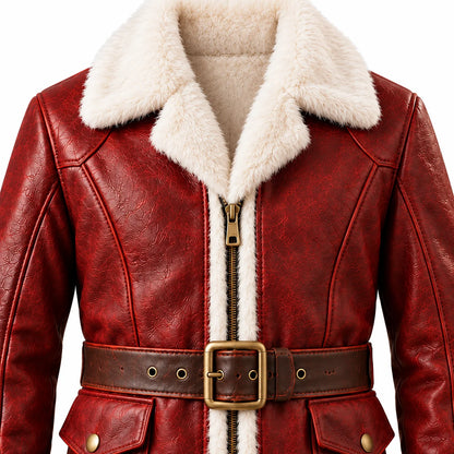 Close-up of red textured sheepskin leather Santa jacket with cream faux-fur collar, gold-tone zipper and brown buckle belt.