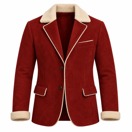 Front three-quarter view of men’s red suede leather Santa blazer with cream faux-fur collar, two-button front and flap pockets.
