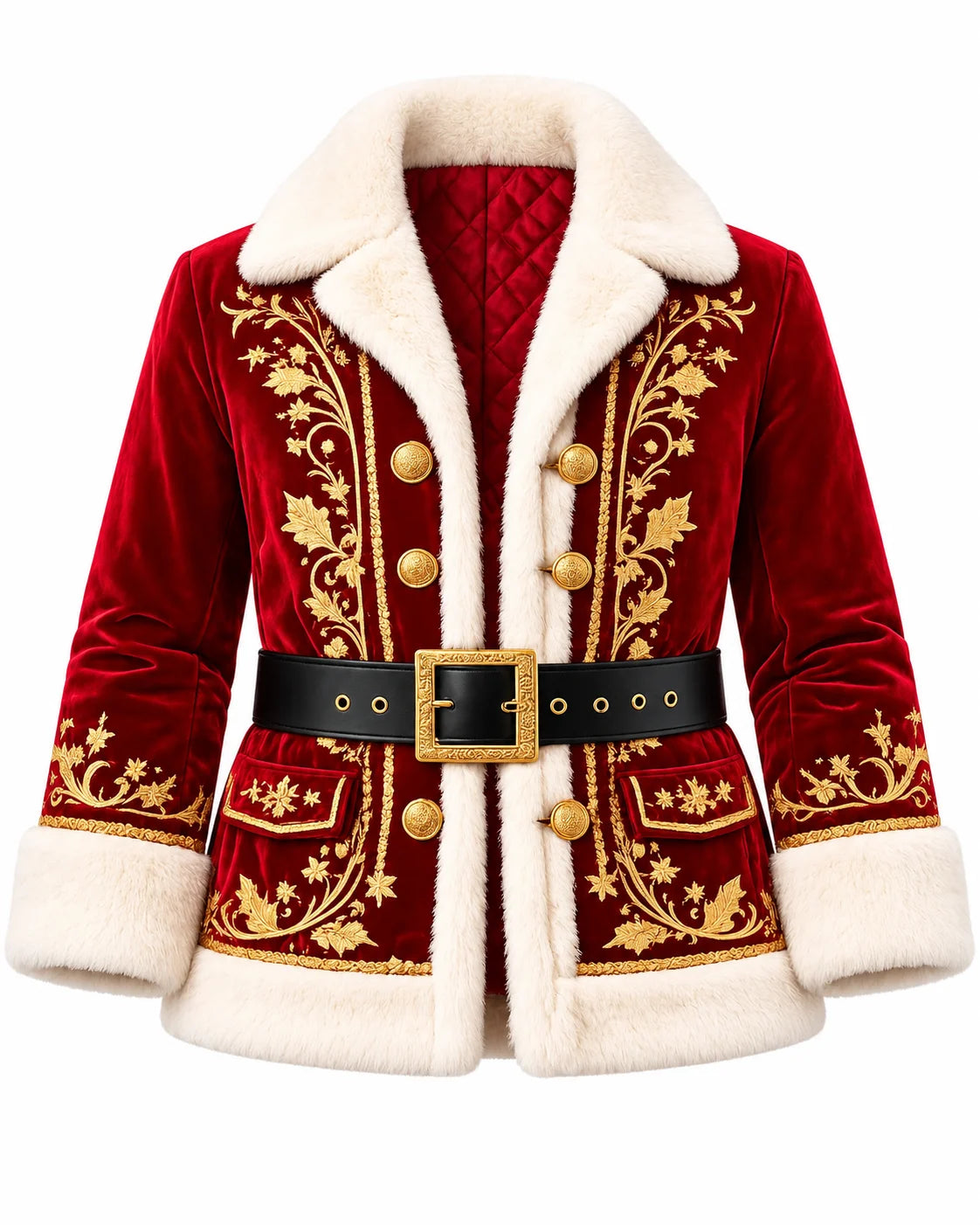 Front view of a red velvet Santa coat with ornate gold embroidery, ivory faux-fur trim, gold buttons and a black buckled belt.