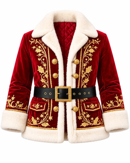 Front view of a red velvet Santa coat with ornate gold embroidery, ivory faux-fur trim, gold buttons and a black buckled belt.