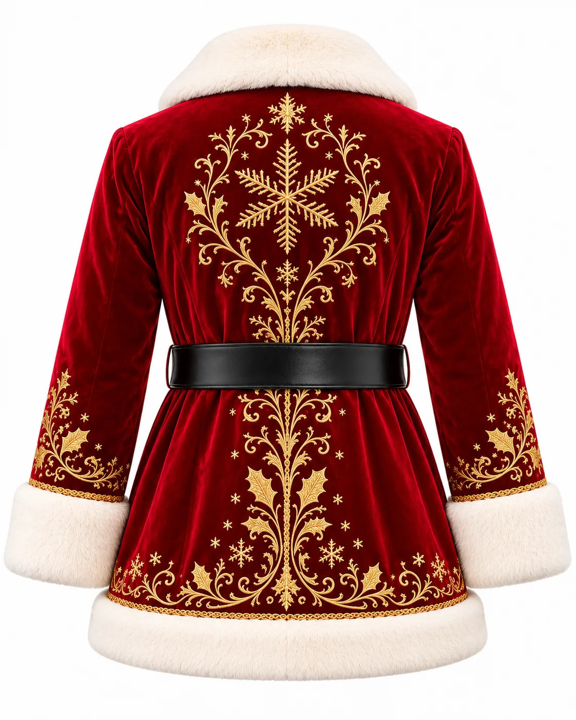 Back view of a red velvet Christmas coat with gold snowflake and floral embroidery, white faux-fur hem and black waist belt.