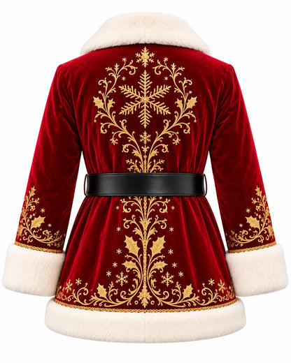 Back view of a red velvet Christmas coat with gold snowflake and floral embroidery, white faux-fur hem and black waist belt.
