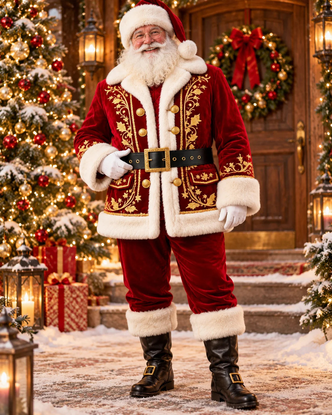 Full-length Santa-styled model wearing an embroidered red velvet coat with cream faux fur outside a decorated Christmas doorway.