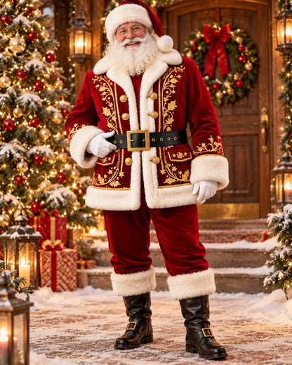 Full-length Santa-styled model wearing an embroidered red velvet coat with cream faux fur outside a decorated Christmas doorway.