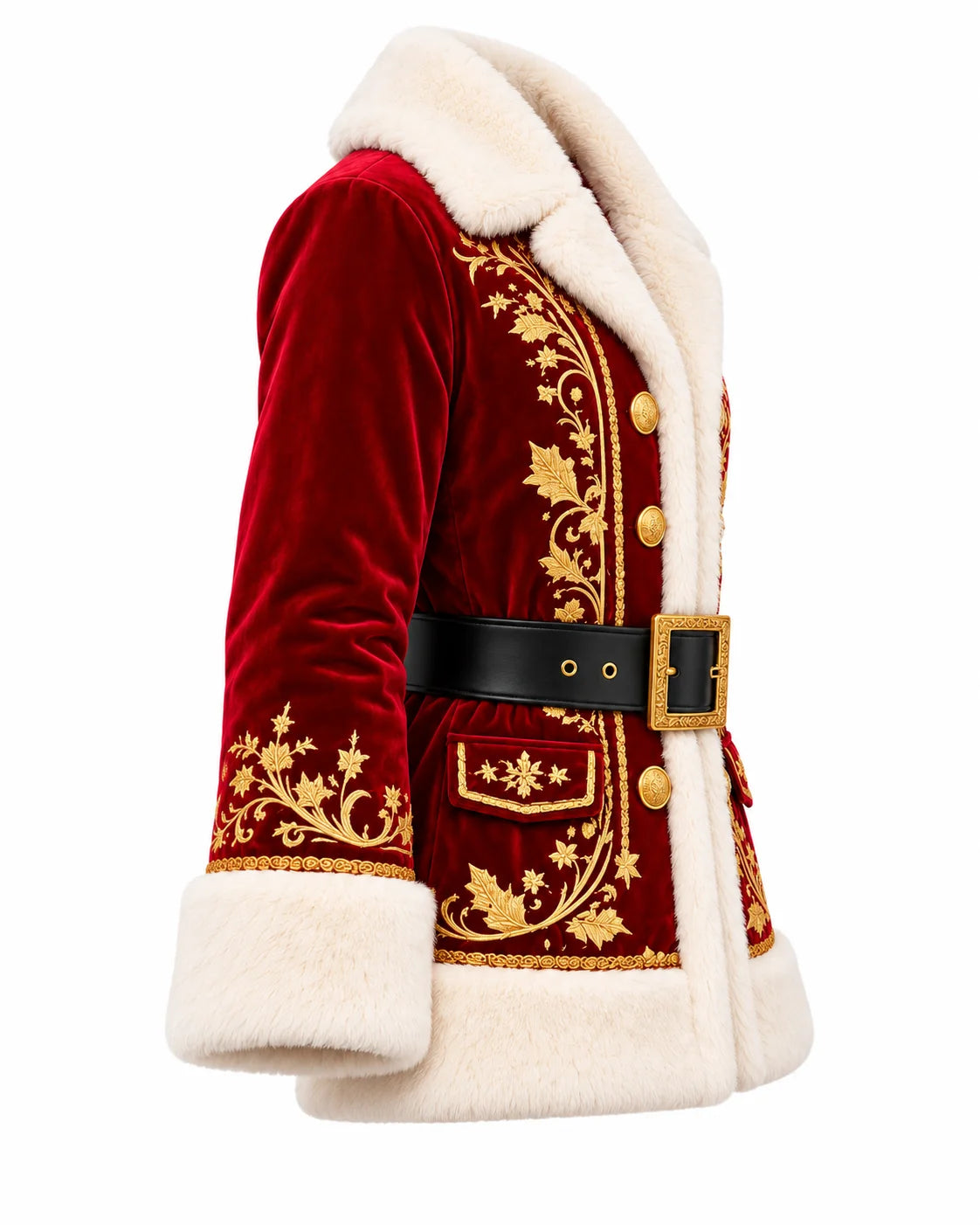 Three-quarter side view of a red velvet Santa coat showing its plush cream collar, embroidered sleeve and wide black belt.