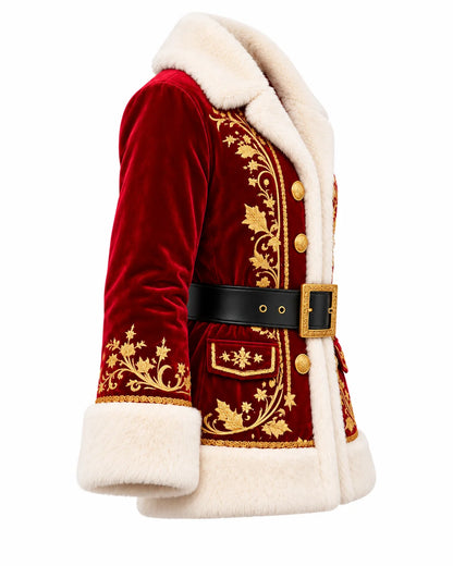 Three-quarter side view of a red velvet Santa coat showing its plush cream collar, embroidered sleeve and wide black belt.