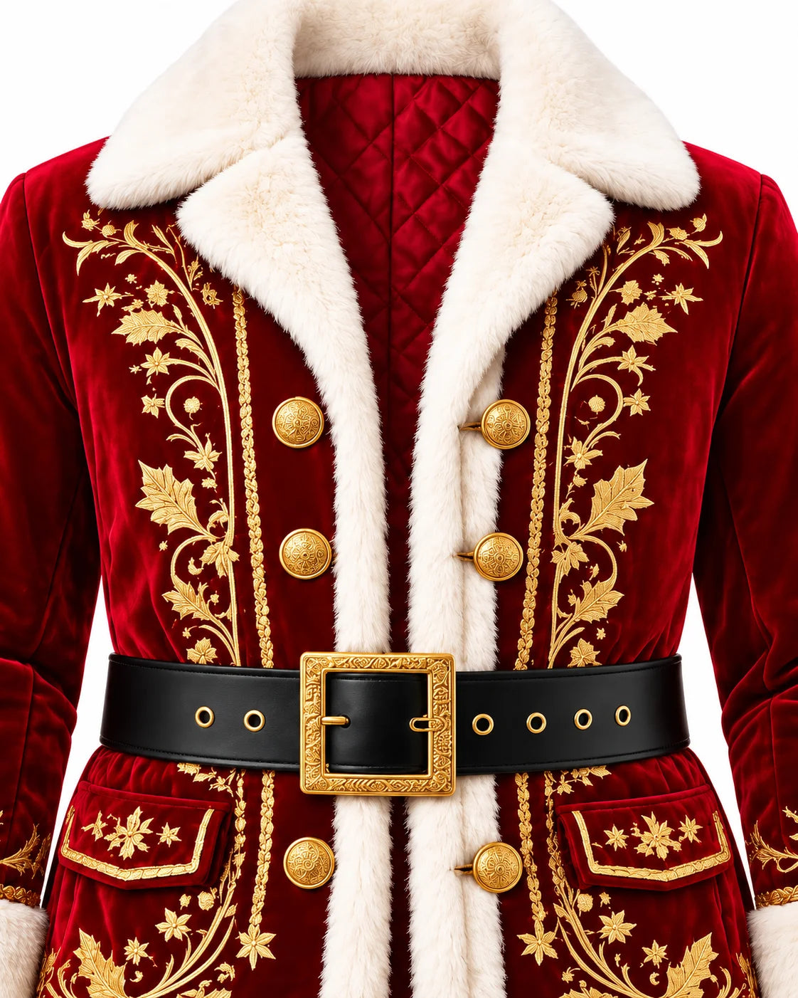 Close-up of a red Santa coat with gold floral embroidery, ornate buttons, quilted red satin lining and a black belt buckle.