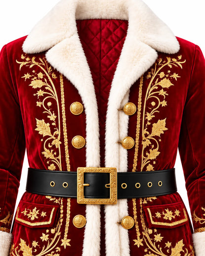 Close-up of a red Santa coat with gold floral embroidery, ornate buttons, quilted red satin lining and a black belt buckle.