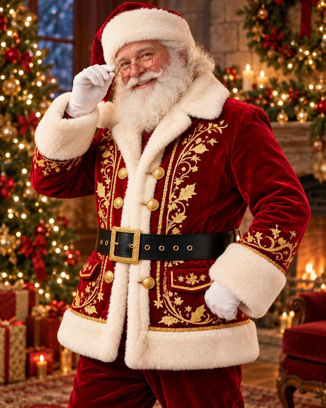 Angled lifestyle view of Santa-styled model in red velvet Christmas coat with gold embroidery, plush cuffs and a black belt.