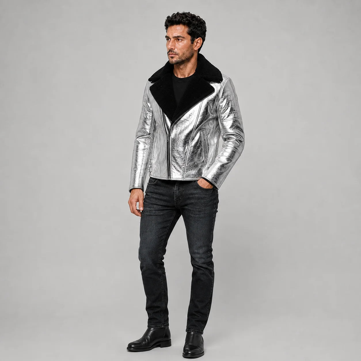 Studio model wearing metallic silver sheepskin aviator jacket with wide black shearling collar and zipped pockets