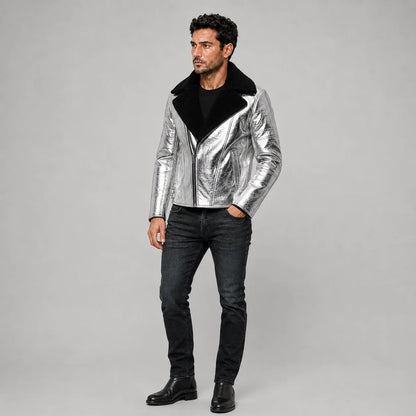 Studio model wearing metallic silver sheepskin aviator jacket with wide black shearling collar and zipped pockets