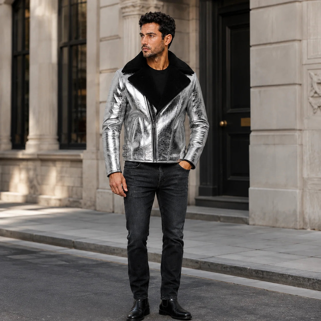 Outdoor lifestyle view of men’s metallic silver aviator jacket styled with black jeans and leather boots