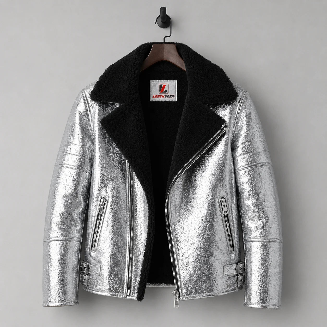 Hanging front view of silver sheepskin flight jacket with black shearling lapels, two zip pockets and side buckles
