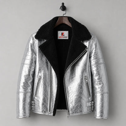 Hanging front view of silver sheepskin flight jacket with black shearling lapels, two zip pockets and side buckles