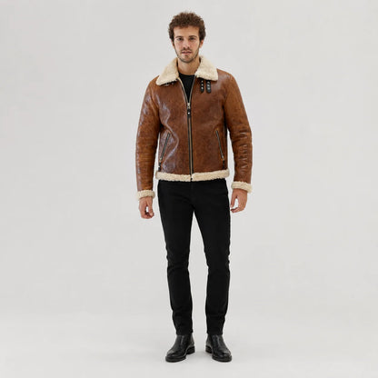 Front studio view of men’s tan aviator jacket with cream plush collar, centre zip and two angled zipped pockets