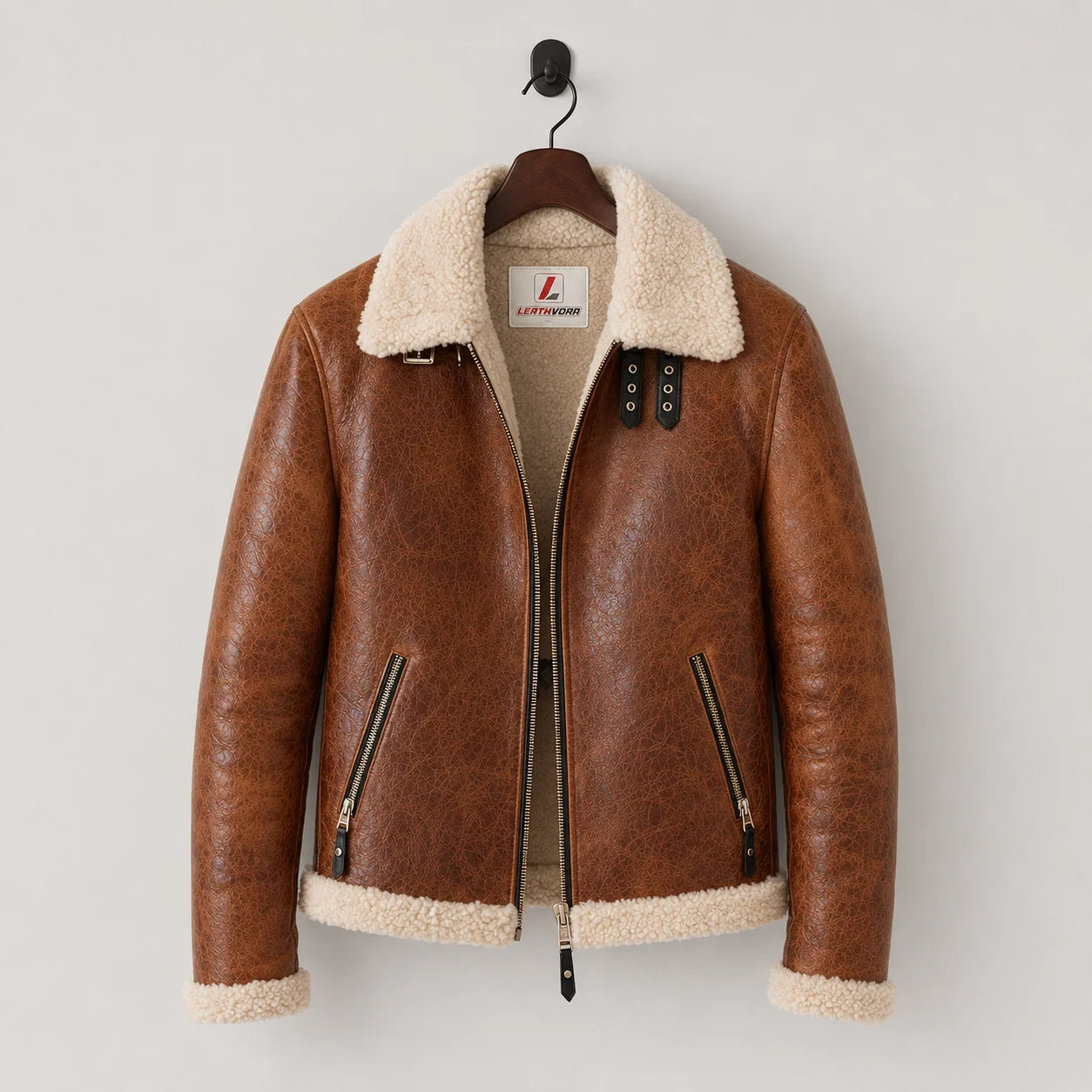 Hanging front view of tan aviator jacket with cream plush lining, angled zip pockets and collar strap details