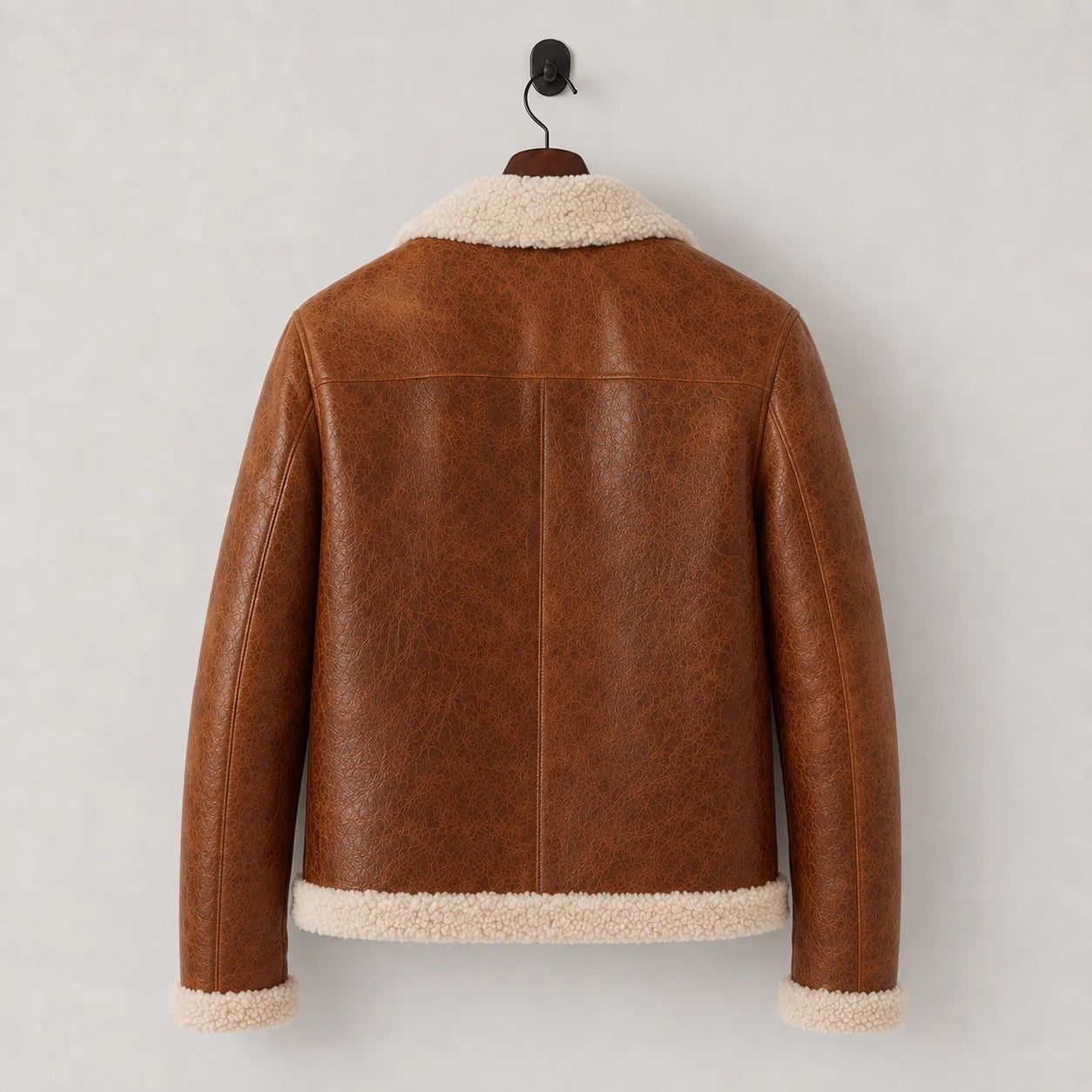 Hanging rear view of tan flight jacket showing textured finish, cream collar and hem with central back seam