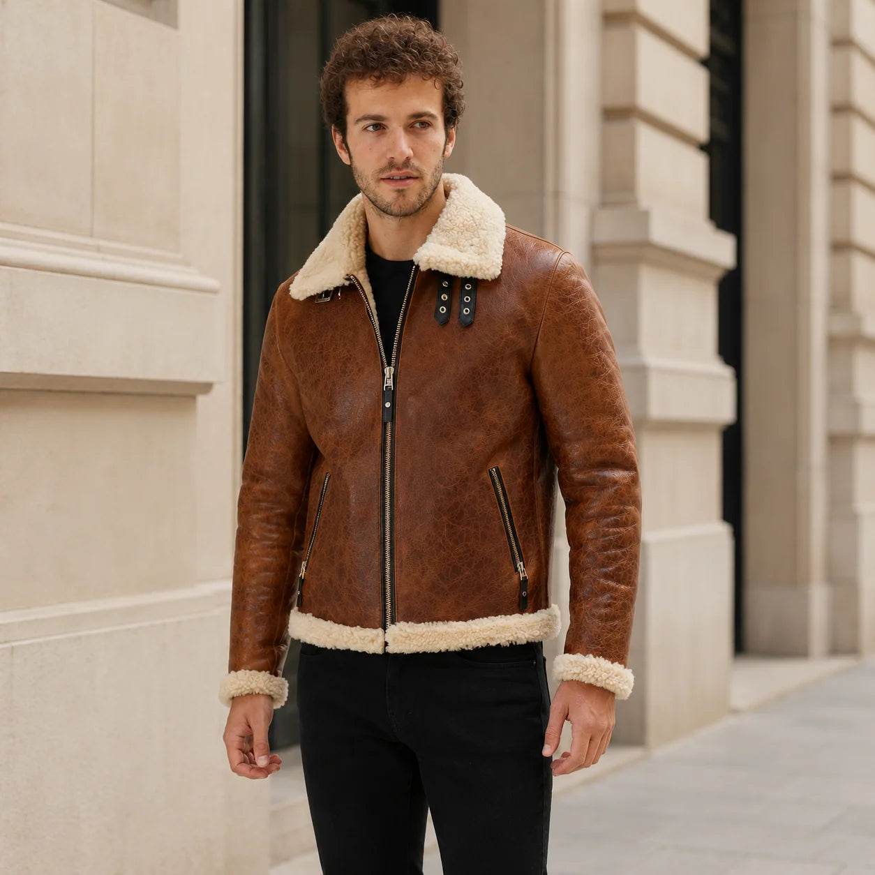 Man wearing a tan aviator jacket with cream plush trim beside light stone architecture in a city setting