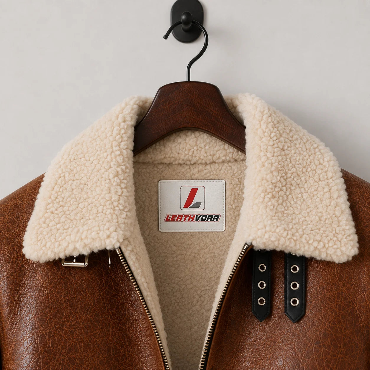 Close-up of cream plush aviator collar, textured tan exterior, dark eyelet straps and Leathvora inner patch