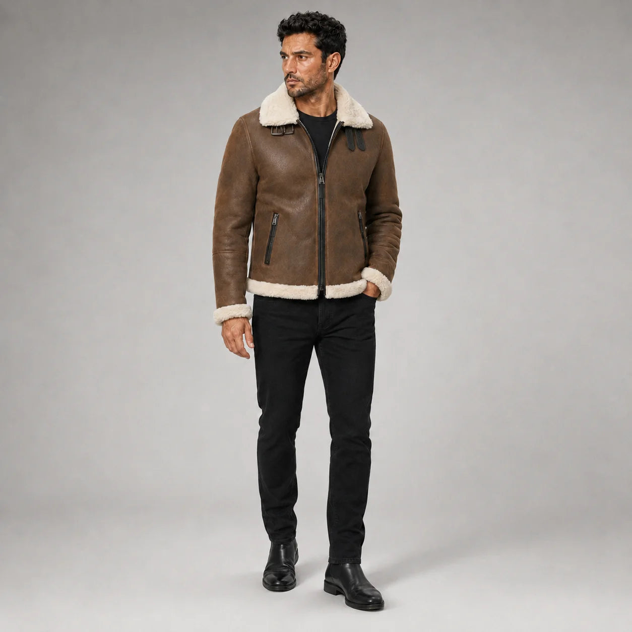 Three-quarter studio view of brown pilot jacket with cream collar, centre zipper and vertical zip hand pockets