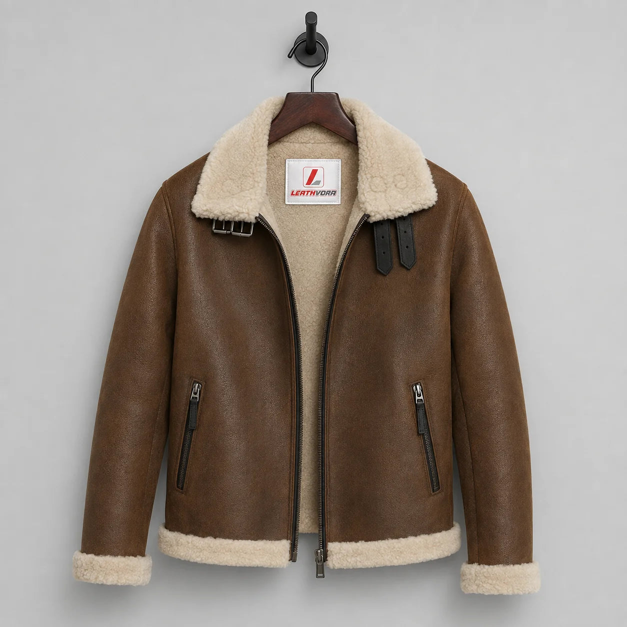 Hanging front view of tan brown flight jacket with off-white plush lining, cream trim and collar buckle straps