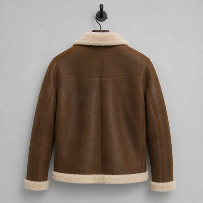 Hanging rear view of brown aviator jacket showing clean shoulder yoke, centre seam and off-white plush hem
