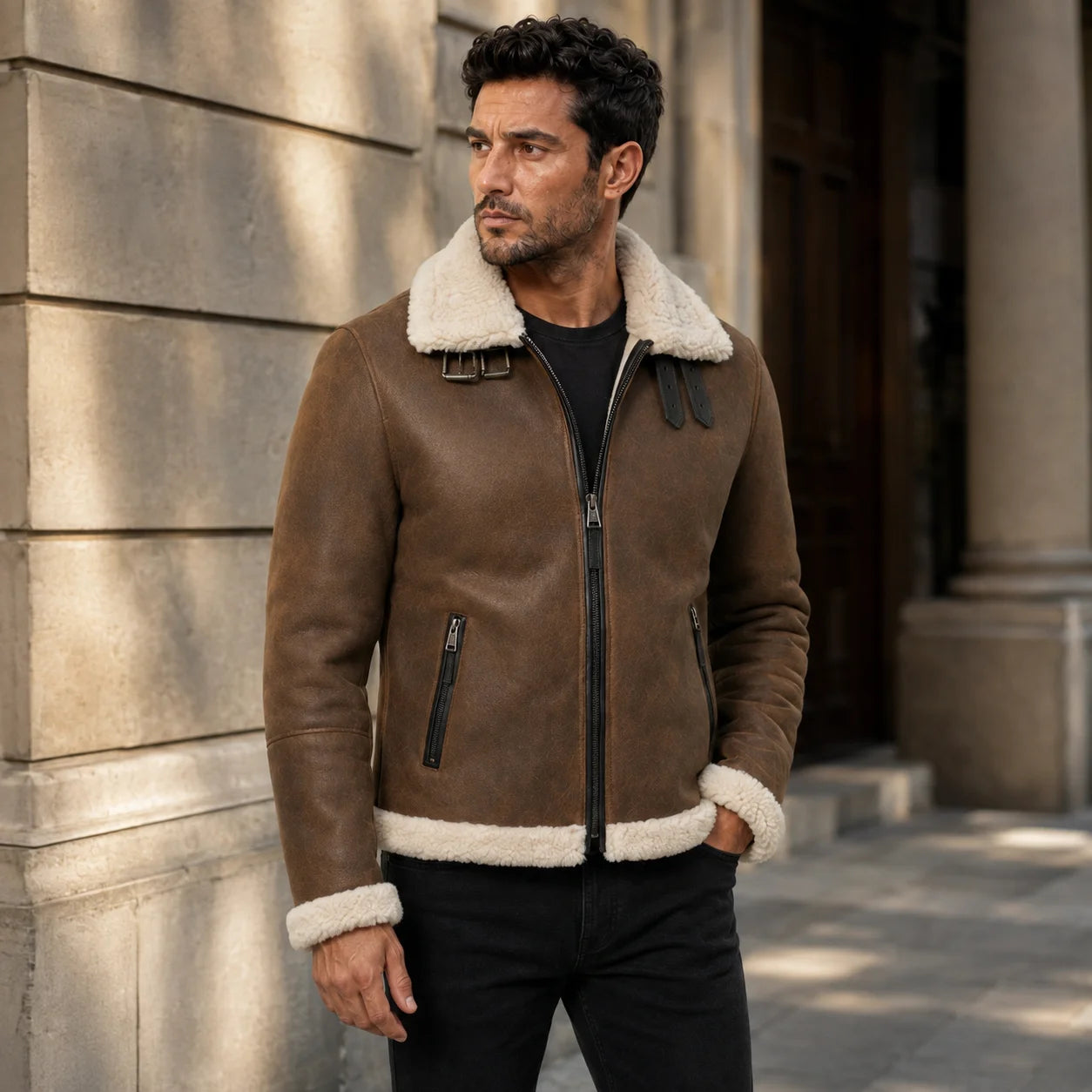 Man wearing tan brown aviator jacket with cream plush collar, black jeans and boots beside stone architecture