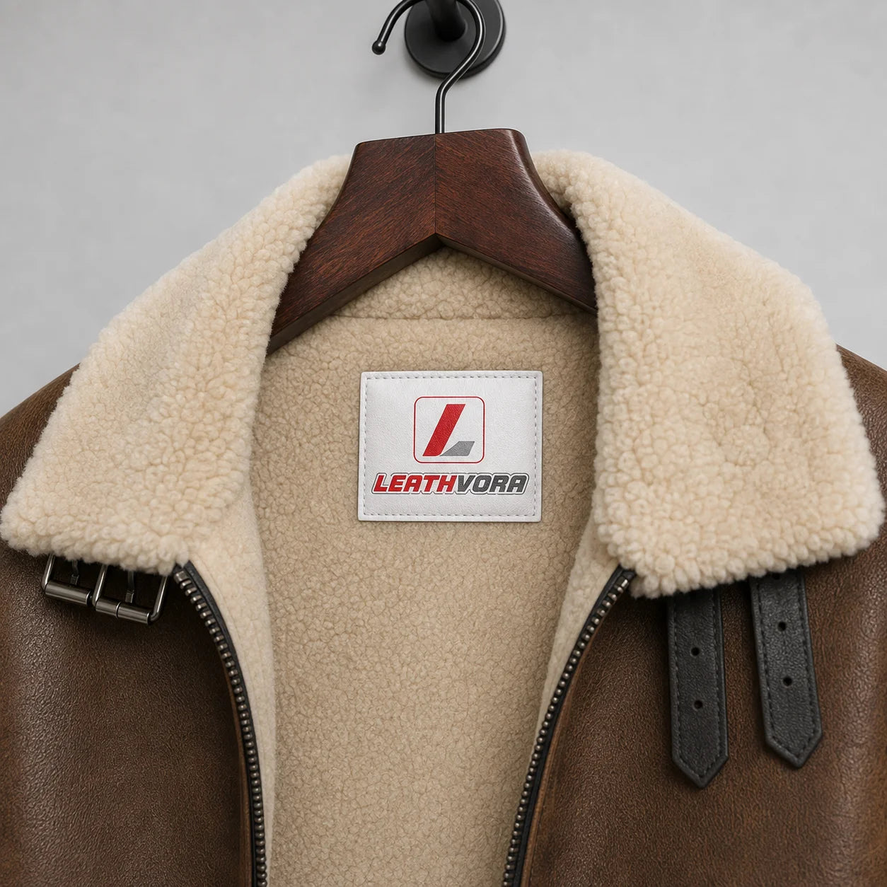 Close-up of cream plush aviator collar, brown textured exterior, buckle straps, zipper and Leathvora neck patch