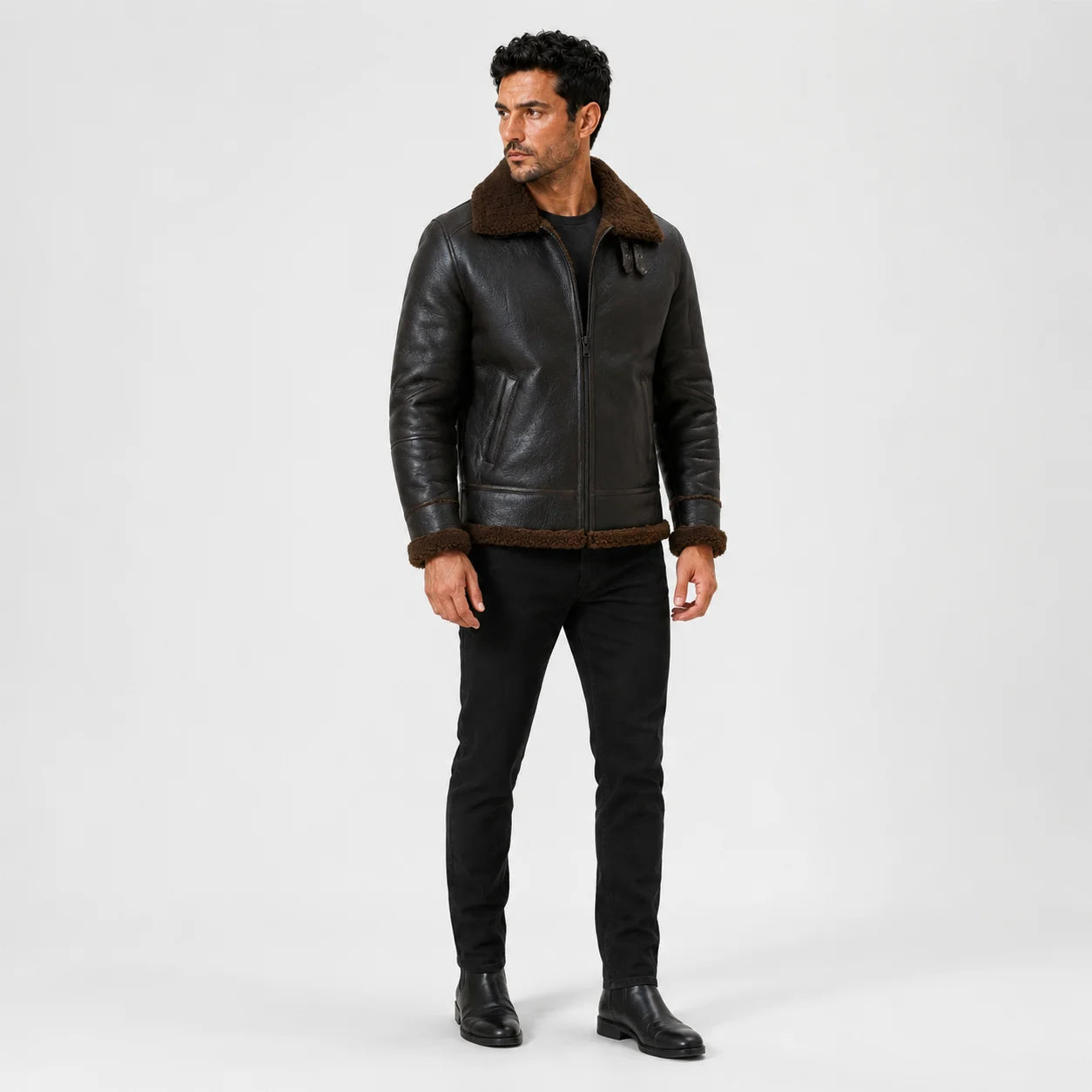 Three-quarter model view highlighting tobacco brown textured outer, plush collar, front zip and vertical hand pockets