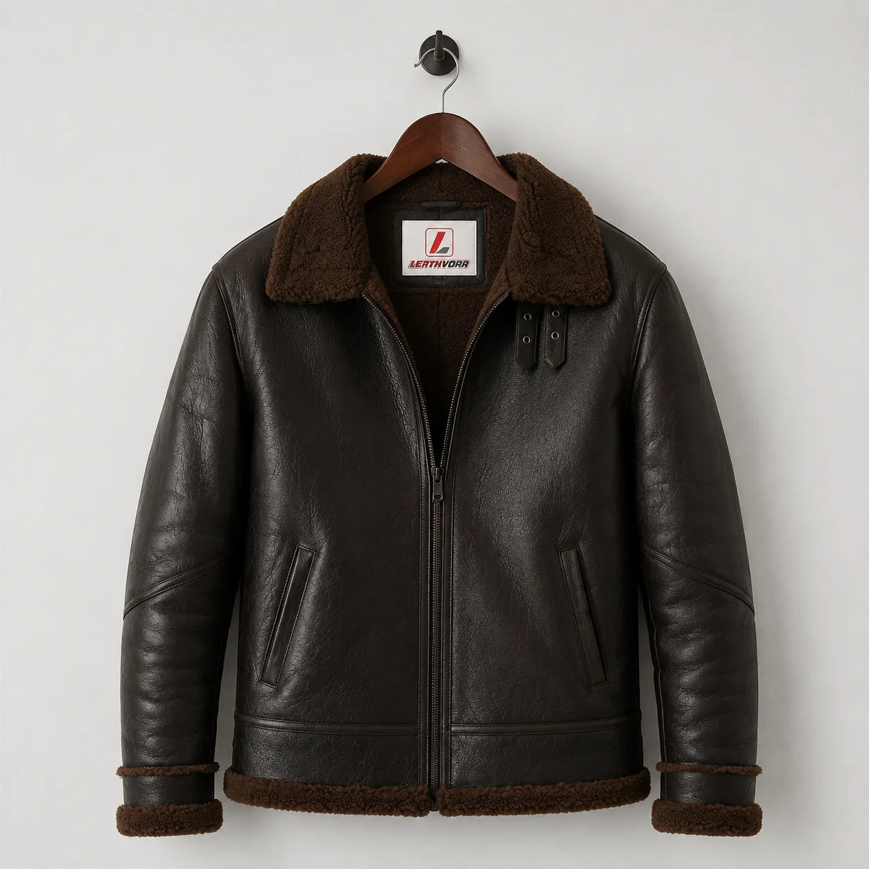 Hanging front view of dark brown aviator jacket with Leathvora neck label, brown plush lining and eyelet strap details