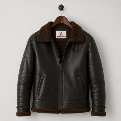 Hanging front view of dark brown aviator jacket with Leathvora neck label, brown plush lining and eyelet strap details