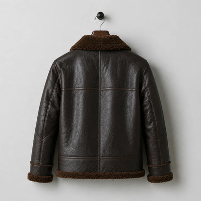 Hanging rear view showing textured brown flight jacket, plush collar and cuffs, centre seam and horizontal back panels