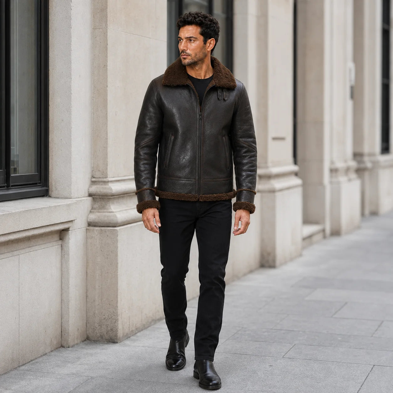 Outdoor lifestyle view of men’s tobacco brown aviator jacket styled with black jeans and black Chelsea boots