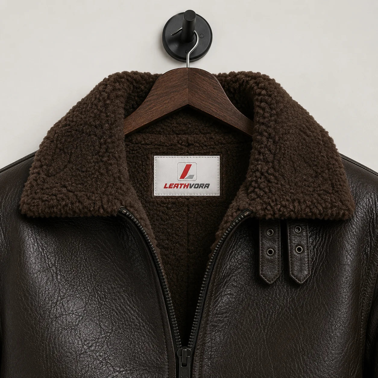 Close-up of brown plush aviator collar and lining with textured dark brown outer, front zip and Leathvora branding