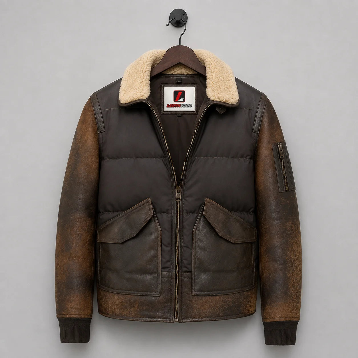 Hanging front view of brown puffer bomber showing cream shearling collar, leather sleeves and patch pockets.