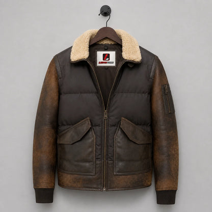 Hanging front view of brown puffer bomber showing cream shearling collar, leather sleeves and patch pockets.